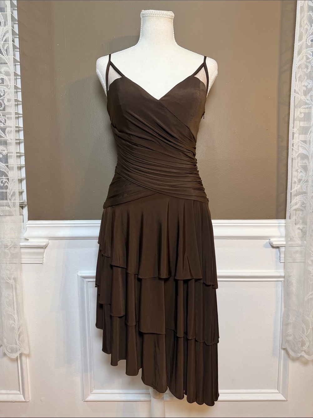 Sue Wong Brown Silk Fairycore Ruched Asymmetrical Ruffle Dress Y2K Sz 6